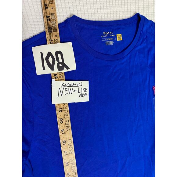 Polo Ralph Lauren Blue T-Shirt Large 22x28 Pink Embroidered Logo Chest Tag - Picture 5 of 7
